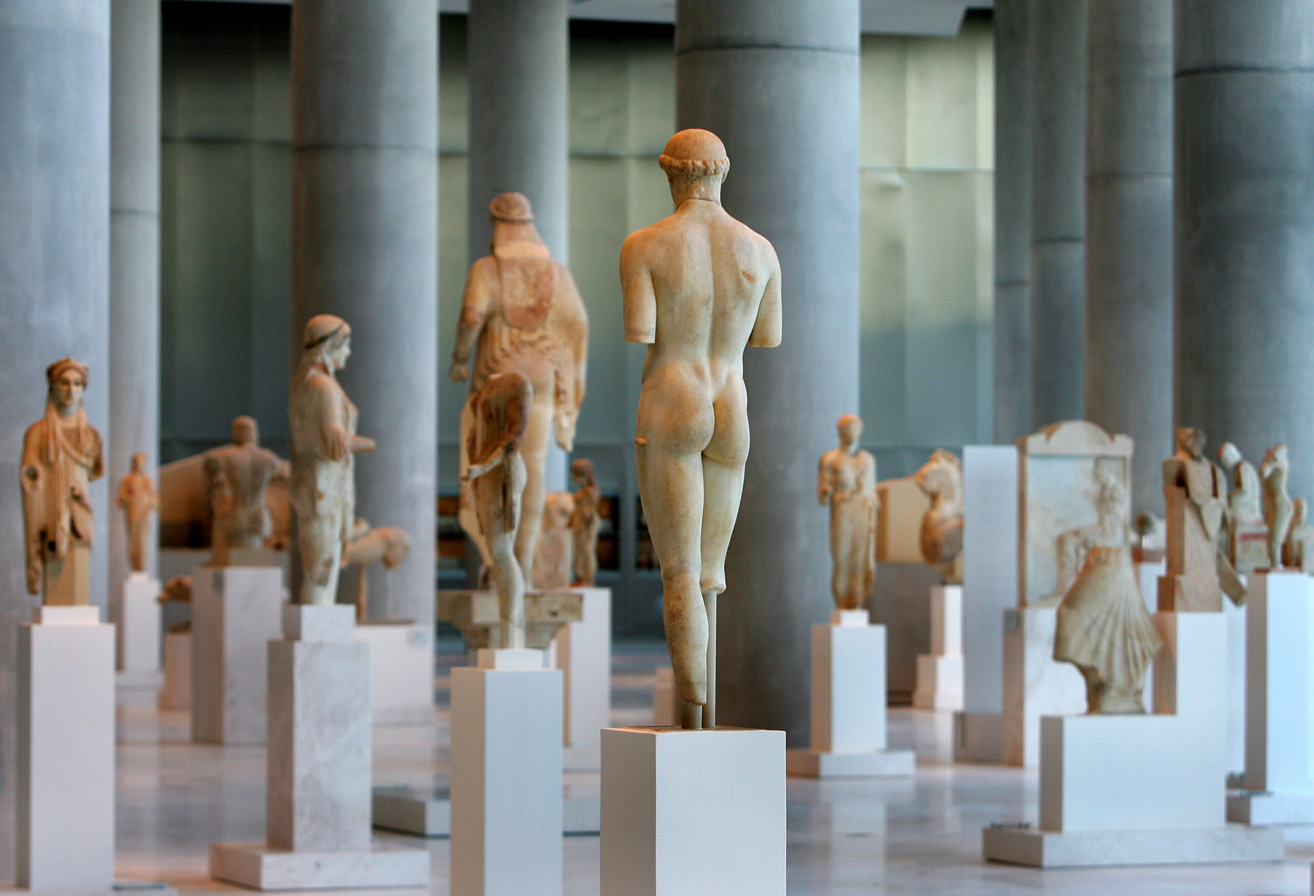 Sculptures are displayed at the Archaic Hall in the New Acropolis Museum in Athens